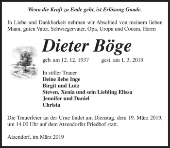 Traueranzeige von Dieter Böge  von Magdeburger Volksstimme