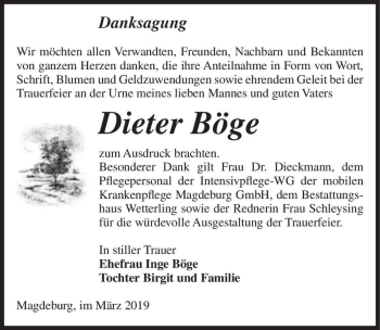 Traueranzeige von Dieter Böge  von Magdeburger Volksstimme