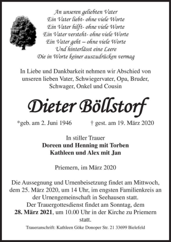 Traueranzeige von Dieter Böllstorf  von Magdeburger Volksstimme