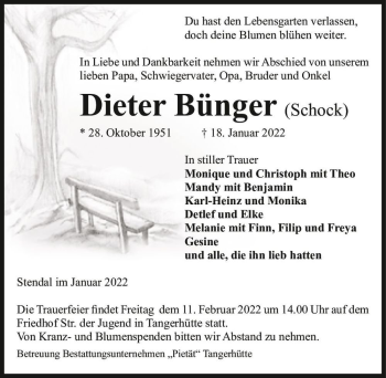 Traueranzeige von Dieter Bünger (Schock)  von Magdeburger Volksstimme