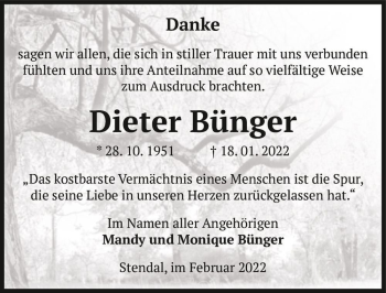 Traueranzeige von Dieter Bünger  von Magdeburger Volksstimme