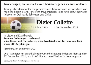 Traueranzeige von Dieter Collette  von Magdeburger Volksstimme