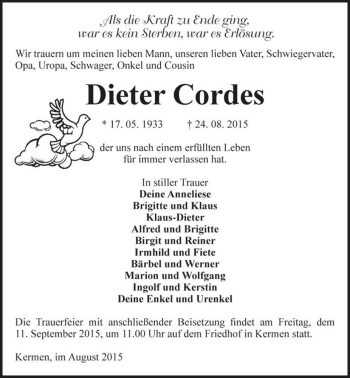 Traueranzeige von Dieter Cordes  von Magdeburger Volksstimme
