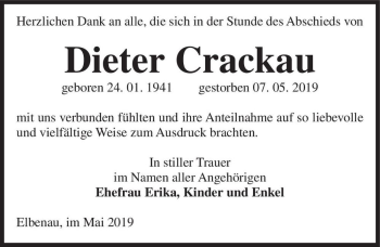 Traueranzeige von Dieter Crackau  von Magdeburger Volksstimme