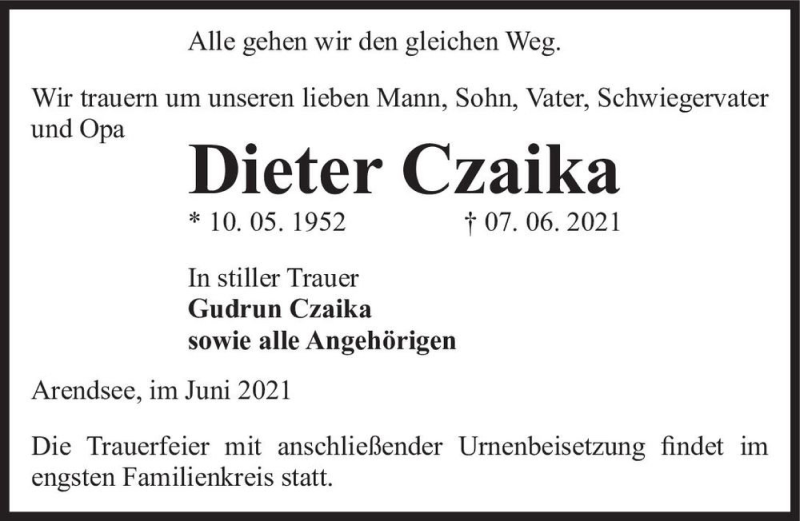  Traueranzeige für Dieter Czaika  vom 11.06.2021 aus Magdeburger Volksstimme