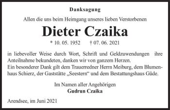 Traueranzeige von Dieter Czaika  von Magdeburger Volksstimme