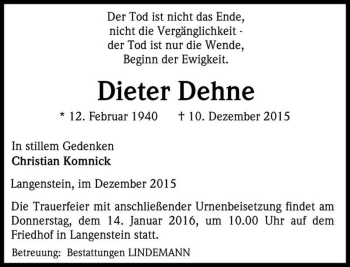 Traueranzeige von Dieter Dehne  von Magdeburger Volksstimme