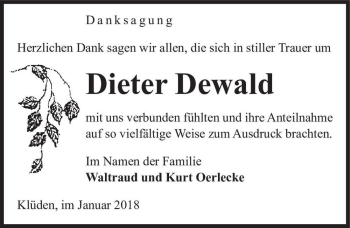 Traueranzeige von Dieter Dewald  von Magdeburger Volksstimme