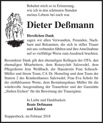 Traueranzeige von Dieter Deßmann  von Magdeburger Volksstimme