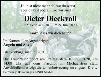 Traueranzeige von Dieter Dieckvoß  von Magdeburger Volksstimme