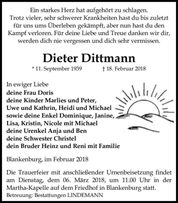Traueranzeige von Dieter Dittmann  von Magdeburger Volksstimme