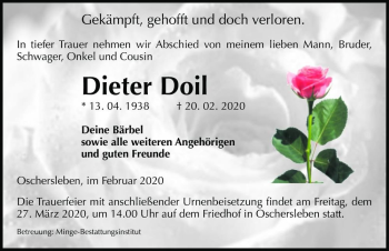 Traueranzeige von Dieter Doil  von Magdeburger Volksstimme