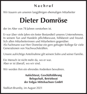 Traueranzeige von Dieter Domröse  von Magdeburger Volksstimme