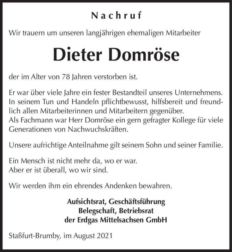  Traueranzeige für Dieter Domröse  vom 28.08.2021 aus Magdeburger Volksstimme