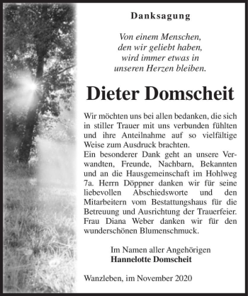 Traueranzeige von Dieter Domscheit  von Magdeburger Volksstimme