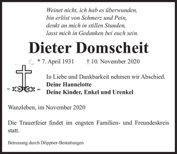 Traueranzeige von Dieter Domscheit  von Magdeburger Volksstimme