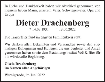 Traueranzeige von Dieter Drachenberg  von Magdeburger Volksstimme