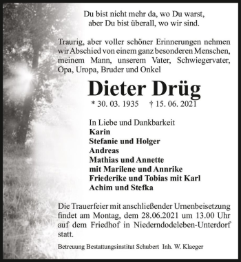 Traueranzeige von Dieter Drüg  von Magdeburger Volksstimme