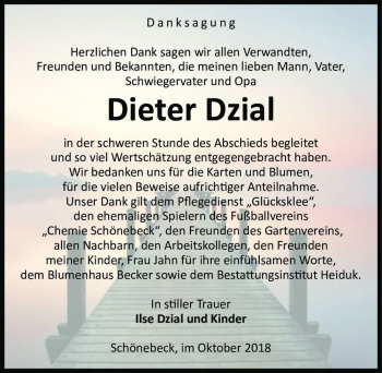 Traueranzeige von Dieter Dzial  von Magdeburger Volksstimme