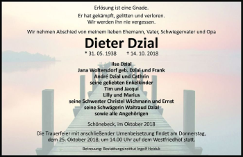 Traueranzeige von Dieter Dzial  von Magdeburger Volksstimme