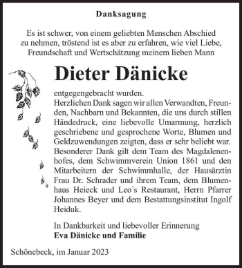 Traueranzeige von Dieter Dänicke  von Magdeburger Volksstimme