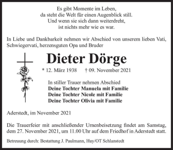 Traueranzeige von Dieter Dörge  von Magdeburger Volksstimme