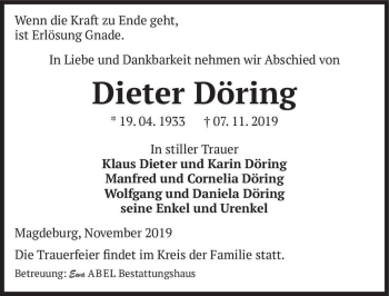 Traueranzeige von Dieter Döring  von Magdeburger Volksstimme