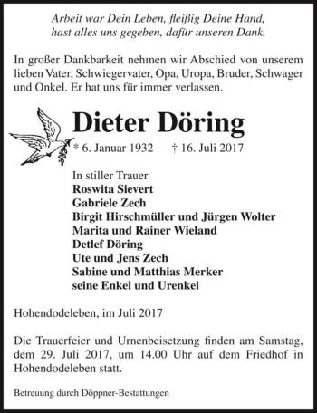 Traueranzeige von Dieter Döring  von Magdeburger Volksstimme