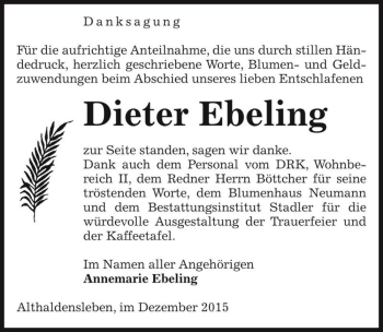 Traueranzeige von Dieter Ebeling  von Magdeburger Volksstimme