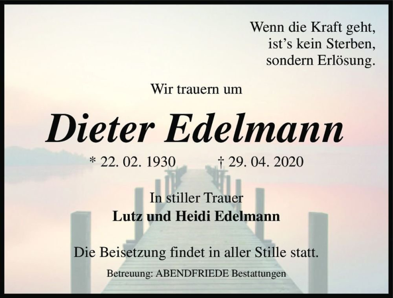  Traueranzeige für Dieter Edelmann  vom 09.05.2020 aus Magdeburger Volksstimme