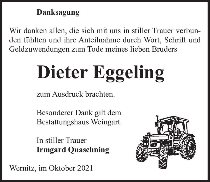  Traueranzeige für Dieter Eggeling  vom 21.10.2021 aus Magdeburger Volksstimme