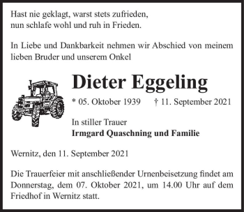 Traueranzeige von Dieter Eggeling  von Magdeburger Volksstimme