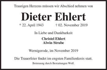 Traueranzeige von Dieter Ehlert  von Magdeburger Volksstimme