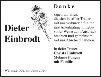 Traueranzeige von Dieter Einbrodt  von Magdeburger Volksstimme