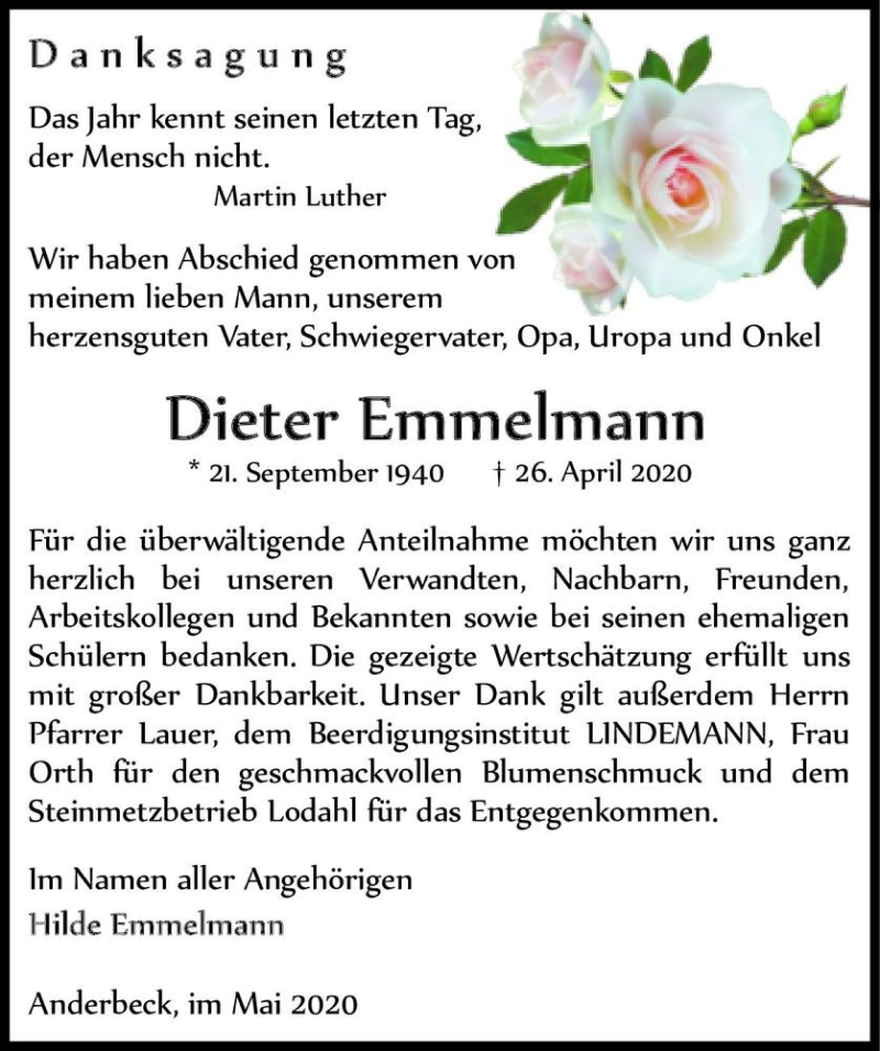  Traueranzeige für Dieter Emmelmann  vom 23.05.2020 aus Magdeburger Volksstimme