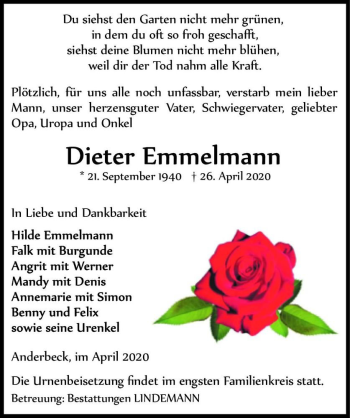Traueranzeige von Dieter Emmelmann  von Magdeburger Volksstimme