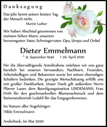 Traueranzeige von Dieter Emmelmann  von Magdeburger Volksstimme