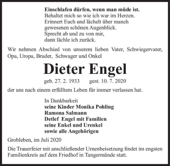 Traueranzeige von Dieter Engel  von Magdeburger Volksstimme