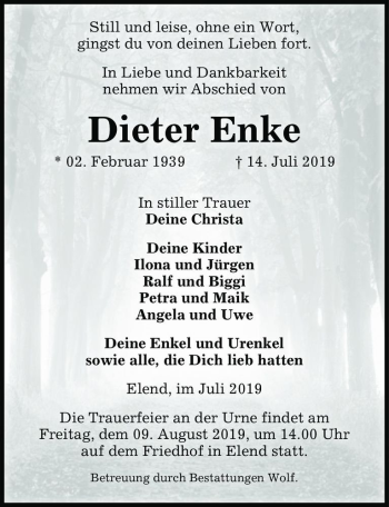 Traueranzeige von Dieter Enke  von Magdeburger Volksstimme
