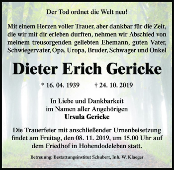 Traueranzeige von Dieter Erich Gericke  von Magdeburger Volksstimme