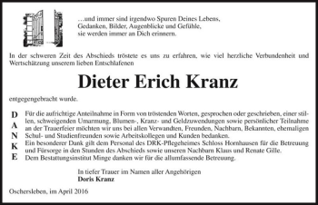 Traueranzeige von Dieter Erich Kranz  von Magdeburger Volksstimme