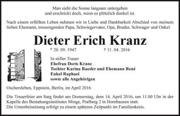 Traueranzeige von Dieter Erich Kranz  von Magdeburger Volksstimme