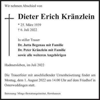 Traueranzeige von Dieter Erich Kränzlein  von Magdeburger Volksstimme