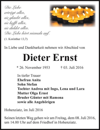 Traueranzeige von Dieter Ernst  von Magdeburger Volksstimme