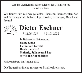 Traueranzeige von Dieter Eschner  von Magdeburger Volksstimme