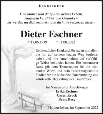 Traueranzeige von Dieter Eschner  von Magdeburger Volksstimme