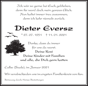 Traueranzeige von Dieter Eversz  von Magdeburger Volksstimme