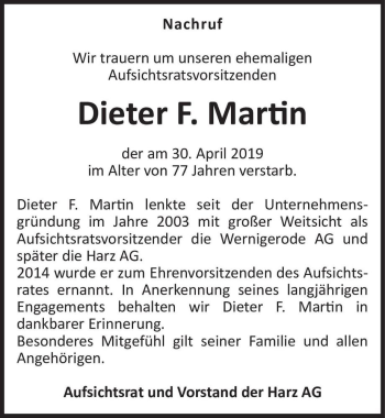 Traueranzeige von Dieter F. Martin  von Magdeburger Volksstimme