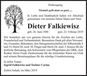 Traueranzeige von Dieter Falkwiewisz  von Magdeburger Volksstimme