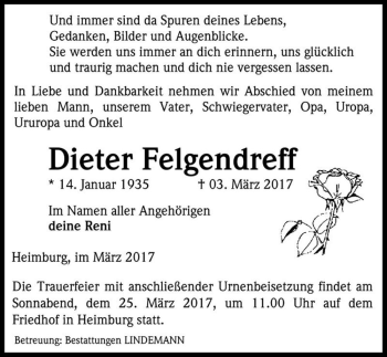 Traueranzeige von Dieter Felgendreff  von Magdeburger Volksstimme